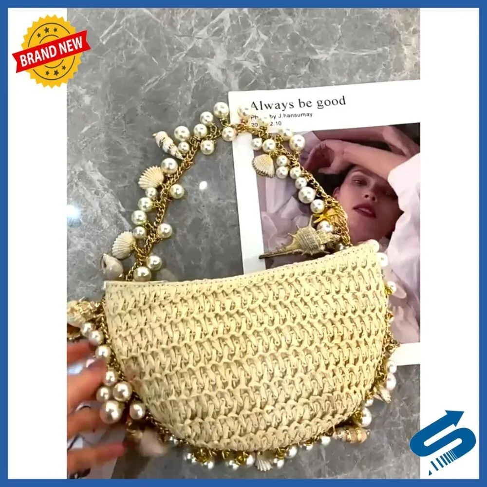 Handmade Straw Tote Bag Bohemian Beach Purse with Shell Pearl Embellishments